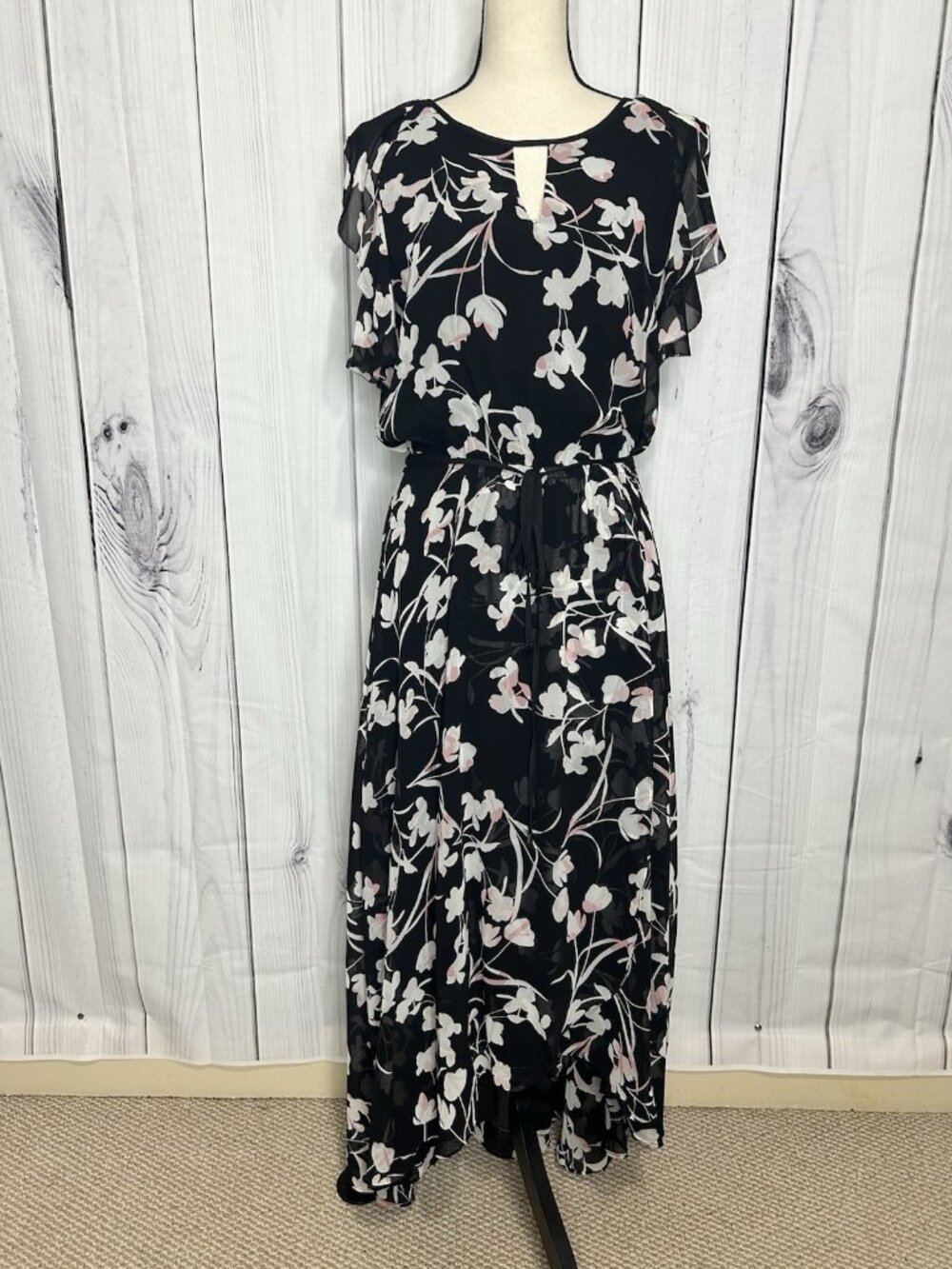 WHBM Sz 8 Chiffon Black Garden Floral Elastic Waist Midi Dress Keyhole Neckline